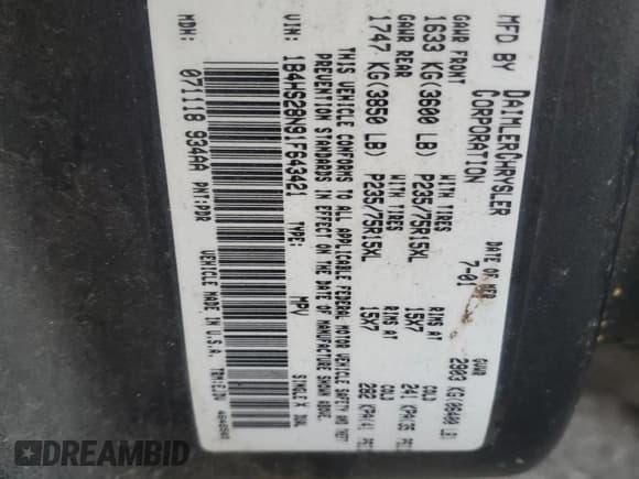 ✅ 2001 Dodge Durango • VIN: 1B4HS28N91F643421 • Lot: 89825865. Wystawiony na Copart z przebiegiem Nie podano. Bezpłatny archiwum sprzedaży aukcyjnych z USA i szczegółowy raport historii pojazdu na DreamBid. Zdjęcie 13.