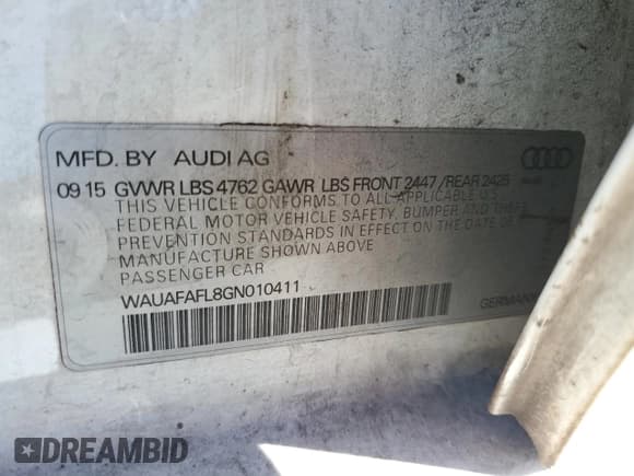 ✅ 2016 Audi A4 Premium • VIN: WAUAFAFL8GN010411 • Лот: 87283695. Опубликован ранее на Copart с пробегом Не указан. Бесплатный доступ к архиву аукционных продаж из США и подробный отчёт об истории автомобиля на DreamBid. Изображение 12.