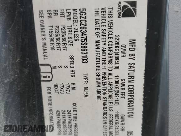 2005 Saturn VUE z VIN 5GZCZ63475S863103, wystawiony jako Copart lot #80150744 z przebiegiem 193 936 mil mil oraz Szkoda całkowita • Salvage title. Historia ofert i sprzedaży dostępna na DreamBid. Obrazek 13.