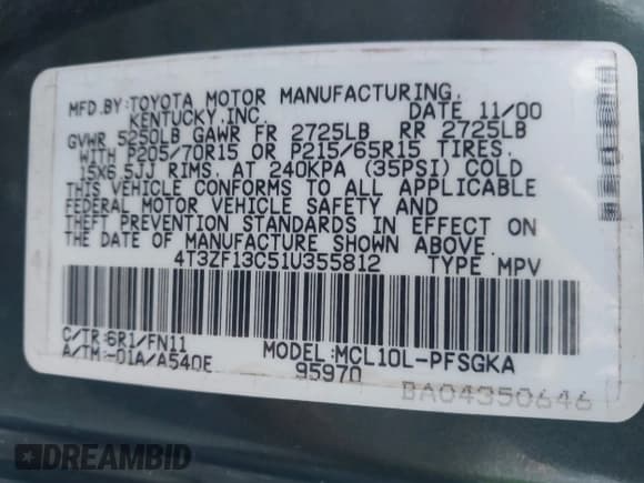 ✅ 2001 Toyota Sienna LE • VIN: 4T3ZF13C51U355812 • Lot: 43779110. Wystawiony na IAAI z przebiegiem 282 871 mil. Bezpłatny archiwum sprzedaży aukcyjnych z USA i szczegółowy raport historii pojazdu na DreamBid. Zdjęcie 9.