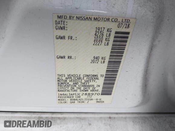 ✅ 2018 Nissan Altima S • VIN: 1N4AL3AP5JC288970 • Lot: 43196302. Wystawiony na IAAI z przebiegiem 98 997 mil. Bezpłatny archiwum sprzedaży aukcyjnych z USA i szczegółowy raport historii pojazdu na DreamBid. Zdjęcie 9.