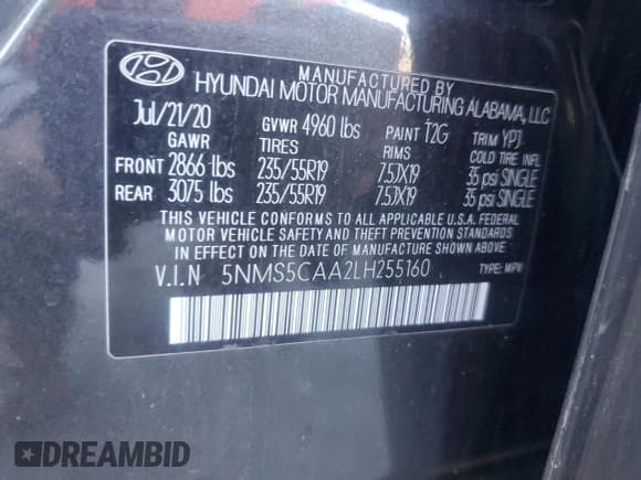 ✅ 2020 Hyundai Santa Fe Limited • VIN: 5NMS5CAA2LH255160 • Лот: 85903585. Опубликован ранее на Copart с пробегом 55 023 миль. Бесплатный доступ к архиву аукционных продаж из США и подробный отчёт об истории автомобиля на DreamBid. Изображение 13.