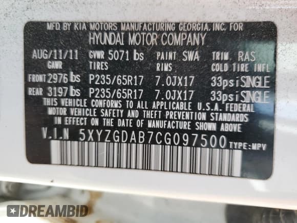 ✅ 2012 Hyundai Santa Fe GLS • VIN: 5XYZGDAB7CG097500 • Lot: 76201154. Listed on Copart with 51,100 mi. Free auction sales archive from the USA and detailed vehicle history report at DreamBid. Image 14.