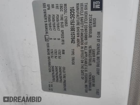 2008 Chevrolet Silverado 1500 Work Truck with VIN 1GCEC19J18E157842, listed as a Copart auction lot 81857434 with Not provided miles and Clean title. Bid and sale history available at DreamBid. Image 12.