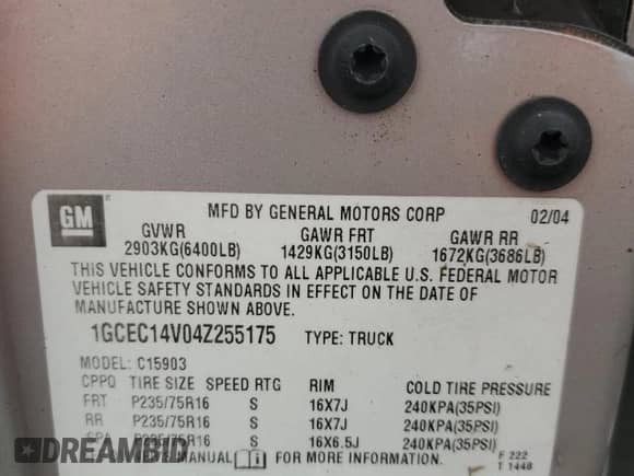 2004 Chevrolet Silverado 1500 LS z VIN 1GCEC14V04Z255175, wystawiony jako Copart lot #77254964 z przebiegiem Nie podano mil oraz Szkoda całkowita • Salvage title. Historia ofert i sprzedaży dostępna na DreamBid. Obrazek 13.