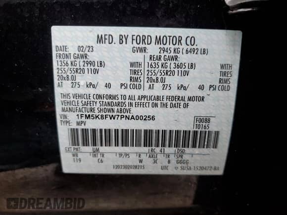 2023 Ford Explorer Limited with VIN 1FM5K8FW7PNA00256, listed as a Copart auction lot 86546354 with Not provided miles and Salvage title. Bid and sale history available at DreamBid. Image 12.