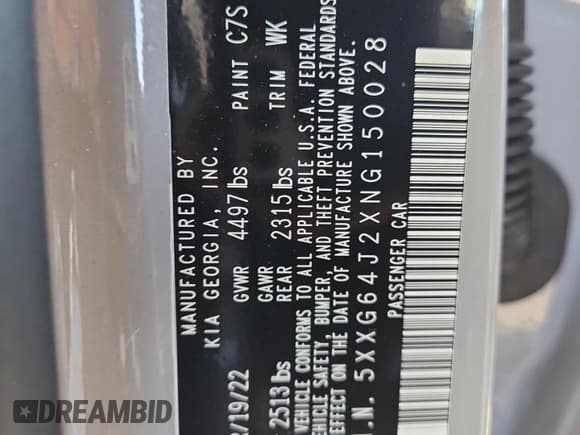 ✅ 2022 Kia K5 GT-Line • VIN: 5XXG64J2XNG150028 • Lot: 84397375. Listed on Copart with 24,113 mi. Free auction sales archive from the USA and detailed vehicle history report at DreamBid. Image 13.