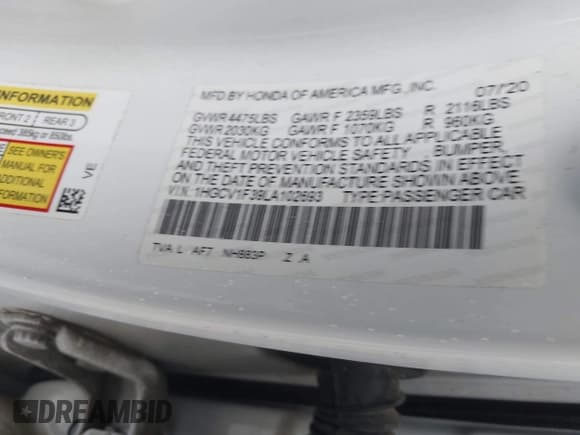 ✅ 2020 Honda Accord Sport • VIN: 1HGCV1F39LA102693 • Lot: 43367884. Listed on IAAI with 109,055 mi. Free auction sales archive from the USA and detailed vehicle history report at DreamBid. Image 9.