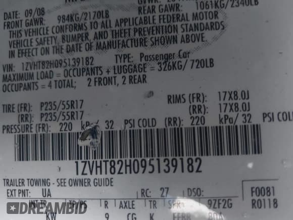 ✅ 2009 Ford Mustang GT • VIN: 1ZVHT82H095139182 • Lot: 43790951. Listed on IAAI with 105,023 mi. Free auction sales archive from the USA and detailed vehicle history report at DreamBid. Image 9.