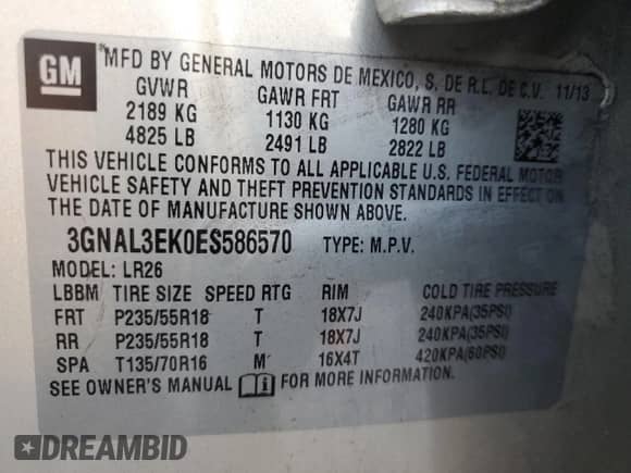 2014 Chevrolet Captiva Sport LT с VIN 3GNAL3EK0ES586570, выставлен на аукционе Copart как лот 86017084 с пробегом 152 912 миль миль и Списание • Salvage title. История ставок и продаж доступна на DreamBid. Изображение 14.