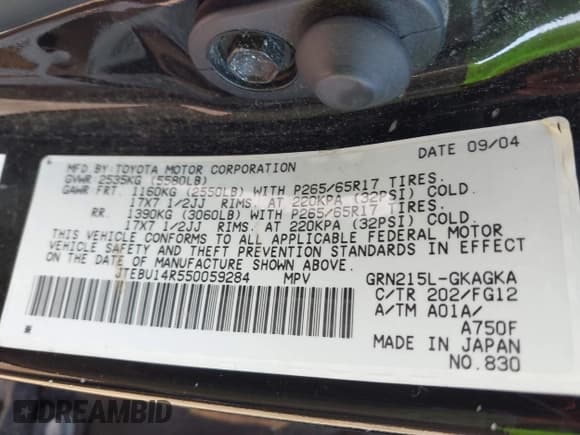 ✅ 2005 Toyota 4Runner SR5 • VIN: JTEBU14R550059284 • Lot: 43261504. Listed on IAAI with 156,191 mi. Free auction sales archive from the USA and detailed vehicle history report at DreamBid. Image 9.