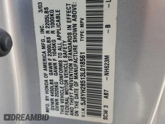 ✅ 2003 Honda Element EX • VIN: 5J6YH28513L018561 • Lot: 54069865. Listed on Copart with 159,678 mi. Free auction sales archive from the USA and detailed vehicle history report at DreamBid. Image 13.