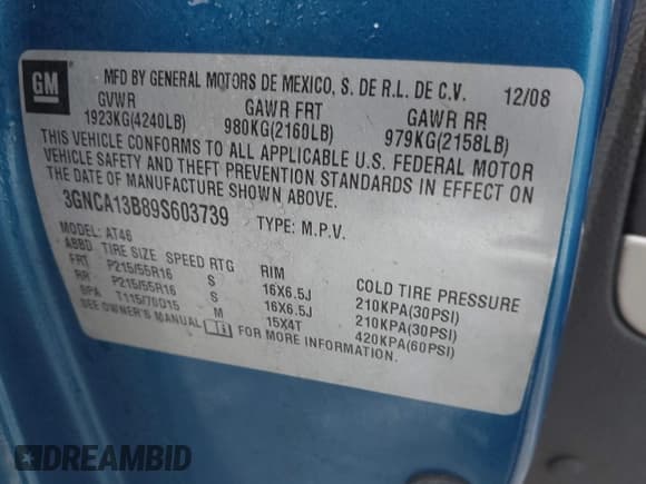✅ 2009 Chevrolet HHR LS • VIN: 3GNCA13B89S603739 • Lot: 41570015. Listed on IAAI with 110,782 mi. Free auction sales archive from the USA and detailed vehicle history report at DreamBid. Image 9.
