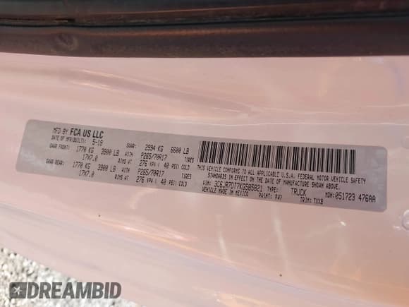 ✅ 2019 Ram 1500 Tradesman • VIN: 3C6JR7DT7KG585821 • Lot: 43766710. Listed on IAAI with 173,600 mi. Free auction sales archive from the USA and detailed vehicle history report at DreamBid. Image 9.