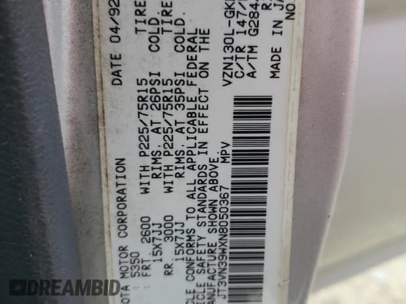 ✅ 1992 Toyota 4Runner • VIN: JT3VN39WXN8050367 • Lot: 73376374. Wystawiony na Copart z przebiegiem 132 772 mil. Bezpłatny archiwum sprzedaży aukcyjnych z USA i szczegółowy raport historii pojazdu na DreamBid. Zdjęcie 12.