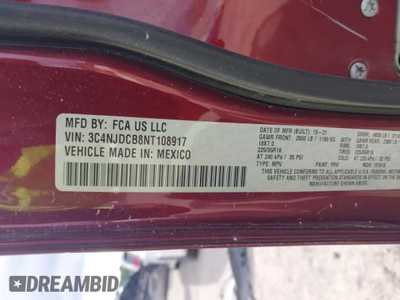 ✅ 2022 Jeep Compass Limited • VIN: 3C4NJDCB8NT108917 • Lot: 43103913. Listed on IAAI with 40,586 mi. Free auction sales archive from the USA and detailed vehicle history report at DreamBid. Image 9.