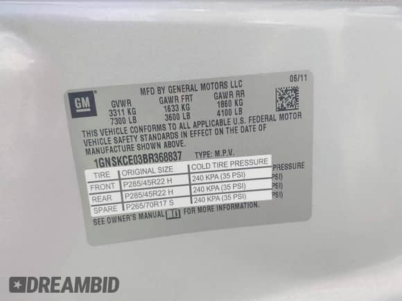 2011 Chevrolet Tahoe LTZ with VIN 1GNSKCE03BR368837, listed as a IAAI auction lot 42741642 with 166,196 mi miles and . Bid and sale history available at DreamBid. Image 9.