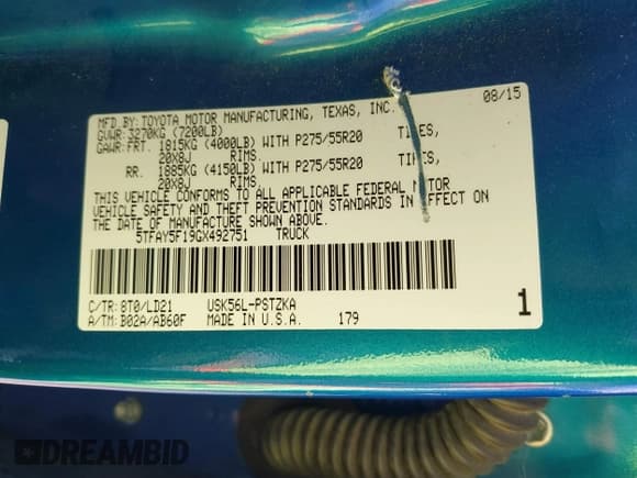 ✅ 2016 Toyota Tundra Platinum • VIN: 5TFAY5F19GX492751 • Lot: 41859998. Listed on IAAI with 134,797 mi. Free auction sales archive from the USA and detailed vehicle history report at DreamBid. Image 9.