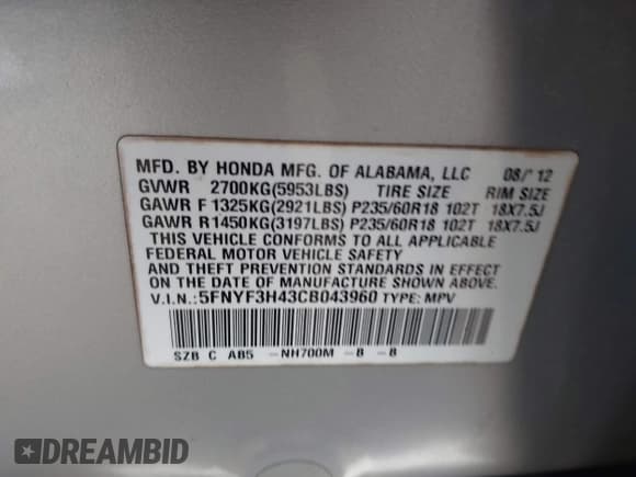 ✅ 2012 Honda Pilot EX • VIN: 5FNYF3H43CB043960 • Lot: 43572064. Listed on IAAI with 315,863 mi. Free auction sales archive from the USA and detailed vehicle history report at DreamBid. Image 9.