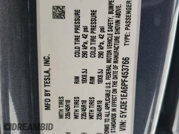 ✅ 2023 Tesla Model 3 • VIN: 5YJ3E1EA6PF453766 • Lot: 51053125. Wystawiony na Copart z przebiegiem 61 030 mil. Bezpłatny archiwum sprzedaży aukcyjnych z USA i szczegółowy raport historii pojazdu na DreamBid. Zdjęcie 12.