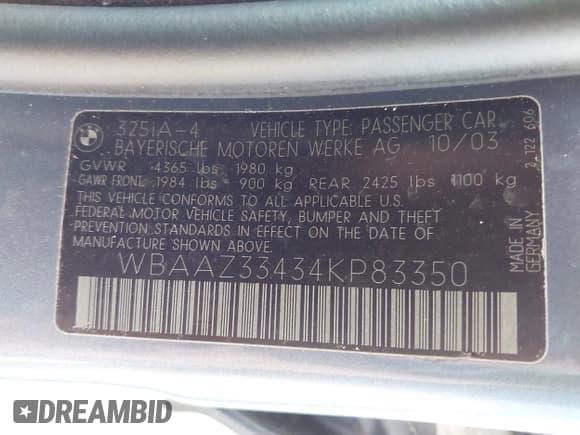 ✅ 2004 BMW 3 Series 325i • VIN: WBAAZ33434KP83350 • Lot: 41993657. Listed on IAAI with 123,867 mi. Free auction sales archive from the USA and detailed vehicle history report at DreamBid. Image 9.