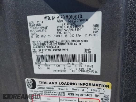 ✅ 2014 Ford F-150 XL • VIN: 1FTFW1ET8EKE64019 • Lot: 43003279. Listed on IAAI with 142,360 mi. Free auction sales archive from the USA and detailed vehicle history report at DreamBid. Image 9.