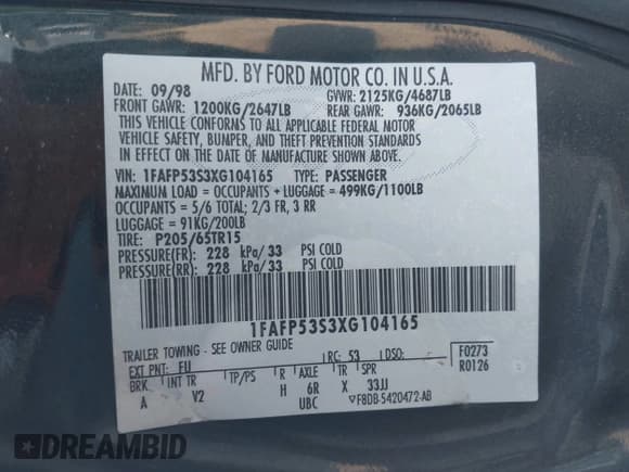 ✅ 1999 Ford Taurus SE Comfort • VIN: 1FAFP53S3XG104165 • Лот: 42234147. Опубликован ранее на IAAI с пробегом 183 124 миль. Бесплатный доступ к архиву аукционных продаж из США и подробный отчёт об истории автомобиля на DreamBid. Изображение 9.