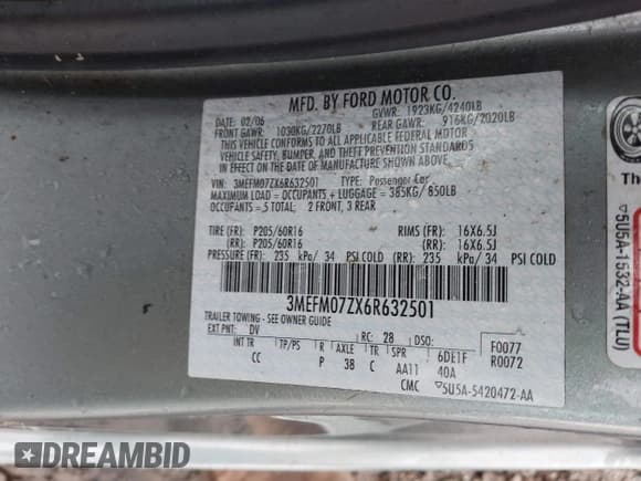 ✅ 2006 Mercury Milan • VIN: 3MEFM07ZX6R632501 • Lot: 43795802. Wystawiony na IAAI z przebiegiem 116 212 mil. Bezpłatny archiwum sprzedaży aukcyjnych z USA i szczegółowy raport historii pojazdu na DreamBid. Zdjęcie 9.