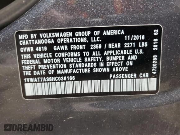 ✅ 2017 Volkswagen Passat S • VIN: 1VWAT7A38HC036166 • Лот: 85384945. Опубликован ранее на Copart с пробегом 122 426 миль. Бесплатный доступ к архиву аукционных продаж из США и подробный отчёт об истории автомобиля на DreamBid. Изображение 12.