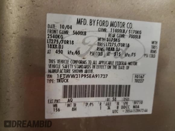 ✅ 2005 Ford F-350 XL • VIN: 1FTWW31P95EA91737 • Lot: 81531925. Listed on Copart with 128,515 mi. Free auction sales archive from the USA and detailed vehicle history report at DreamBid. Image 12.