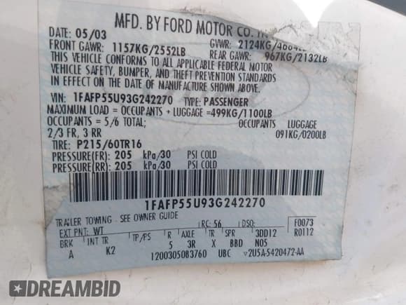 ✅ 2003 Ford Taurus SES Standard • VIN: 1FAFP55U93G242270 • Лот: 42583659. Опубликован ранее на IAAI с пробегом 225 924 миль. Бесплатный доступ к архиву аукционных продаж из США и подробный отчёт об истории автомобиля на DreamBid. Изображение 9.