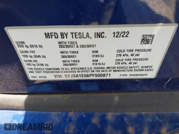 ✅ 2023 Tesla Model S • VIN: 5YJSA1E56PF500871 • Lot: 42087762. Listed on IAAI with Not provided. Free auction sales archive from the USA and detailed vehicle history report at DreamBid. Image 8.