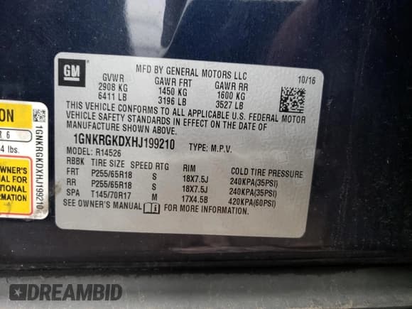 ✅ 2017 Chevrolet Traverse LT • VIN: 1GNKRGKDXHJ199210 • Лот: 37800423. Опубликован ранее на Copart с пробегом Не указан. Бесплатный доступ к архиву аукционных продаж из США и подробный отчёт об истории автомобиля на DreamBid. Изображение 13.