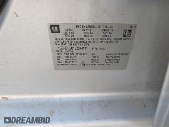 ✅ 2014 Chevrolet Silverado 1500 LT • VIN: 1GCRCREC1EZ374111 • Lot: 43425908. Listed on IAAI with 76,638 mi. Free auction sales archive from the USA and detailed vehicle history report at DreamBid. Image 9.