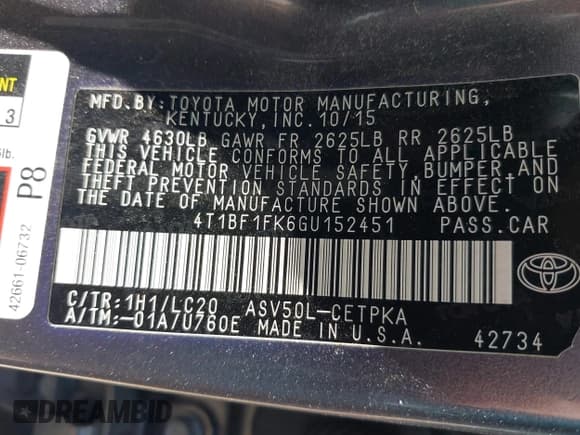 ✅ 2016 Toyota Camry XLE • VIN: 4T1BF1FK6GU152451 • Лот: 42693112. Опубликован ранее на IAAI с пробегом 190 577 миль. Бесплатный доступ к архиву аукционных продаж из США и подробный отчёт об истории автомобиля на DreamBid. Изображение 9.