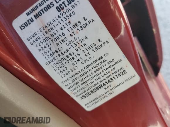 ✅ 2001 Isuzu Rodeo S • VIN: 4S2CK58W414317422 • Lot: 75123154. Listed on Copart with Not provided. Free auction sales archive from the USA and detailed vehicle history report at DreamBid. Image 14.