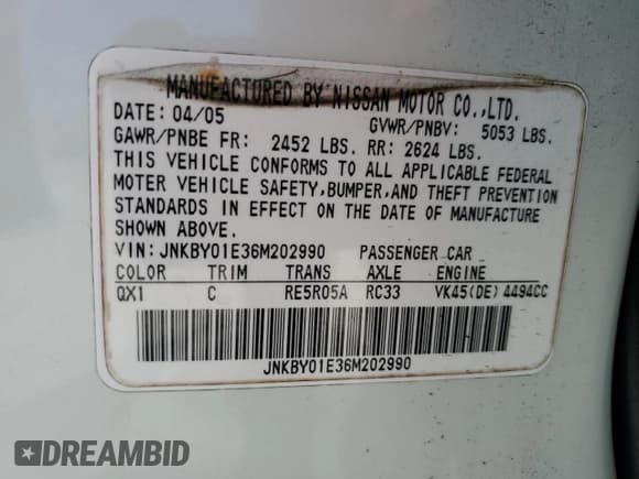 ✅ 2006 Infiniti M Sport • VIN: JNKBY01E36M202990 • Lot: 64299725. Listed on Copart with 187,930 mi. Free auction sales archive from the USA and detailed vehicle history report at DreamBid. Image 12.