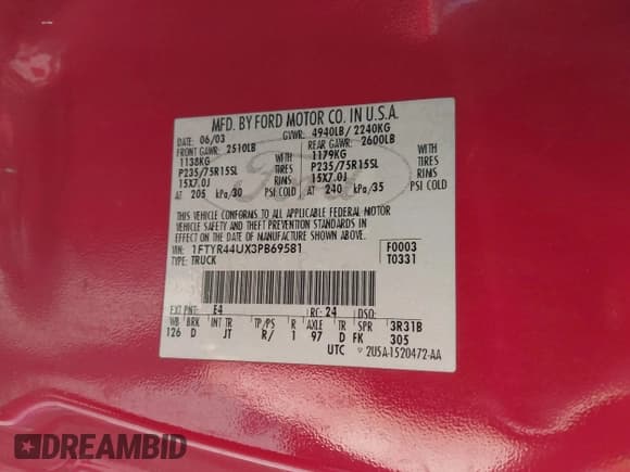 ✅ 2003 Ford Ranger XL Fleet • VIN: 1FTYR44UX3PB69581 • Lot: 42077195. Listed on IAAI with 334,920 mi. Free auction sales archive from the USA and detailed vehicle history report at DreamBid. Image 9.