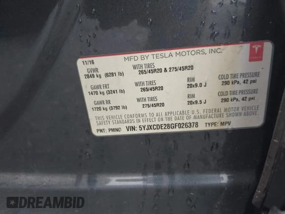 ✅ 2016 Tesla Model X 70D • VIN: 5YJXCDE28GF026378 • Lot: 42352156. Listed on IAAI with 103,206 mi. Free auction sales archive from the USA and detailed vehicle history report at DreamBid. Image 9.