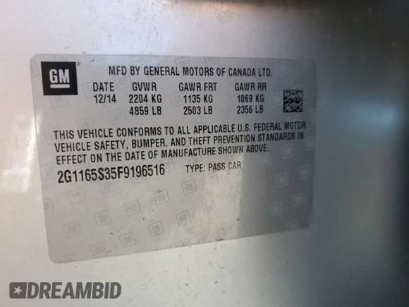 ✅ 2015 Chevrolet Impala LTZ • VIN: 2G1165S35F9196516 • Lot: 68931865. Listed on Copart with 139,030 mi. Free auction sales archive from the USA and detailed vehicle history report at DreamBid. Image 12.