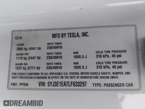 ✅ 2020 Tesla Model 3 Standard Range Plus • VIN: 5YJ3E1EA7LF633297 • Лот: 43512248. Опубликован ранее на IAAI с пробегом Не указан. Бесплатный доступ к архиву аукционных продаж из США и подробный отчёт об истории автомобиля на DreamBid. Изображение 9.