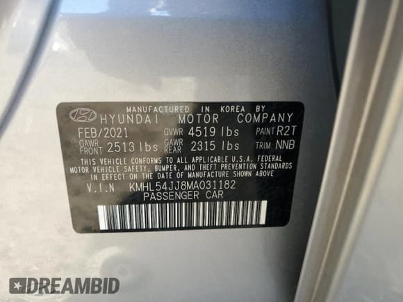 ✅ 2021 Hyundai Sonata Limited • VIN: KMHL54JJ8MA031182 • Lot: 87098285. Listed on Copart with 53,109 mi. Free auction sales archive from the USA and detailed vehicle history report at DreamBid. Image 13.