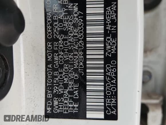 ✅ 2017 Toyota Prius Two • VIN: JTDKBRFU2H3033917 • Lot: 92742655. Listed on Copart with 167,679 mi. Free auction sales archive from the USA and detailed vehicle history report at DreamBid. Image 12.