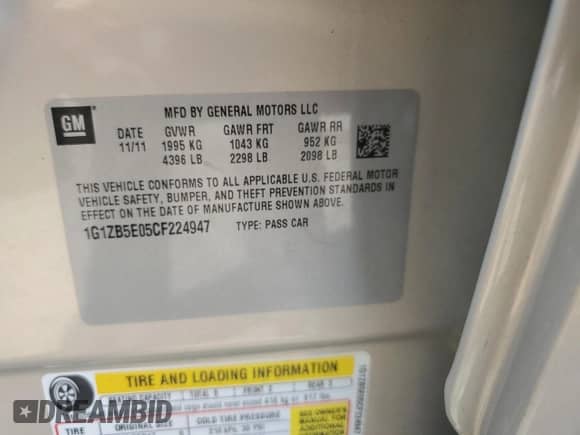 2012 Chevrolet Malibu 1LS with VIN 1G1ZB5E05CF224947, listed as a Copart auction lot 69890444 with 156,669 mi miles and Clean title. Bid and sale history available at DreamBid. Image 12.