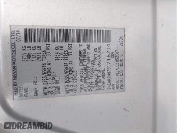 ✅ 2014 Nissan Pathfinder SV • VIN: 5N1AR2MN7EC716214 • Lot: 41499952. Listed on IAAI with 144,283 mi. Free auction sales archive from the USA and detailed vehicle history report at DreamBid. Image 9.