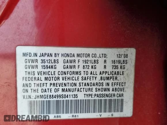 ✅ 2009 Honda Fit Sport • VIN: JHMGE88499S041135 • Lot: 87242815. Listed on Copart with 124,225 mi. Free auction sales archive from the USA and detailed vehicle history report at DreamBid. Image 13.