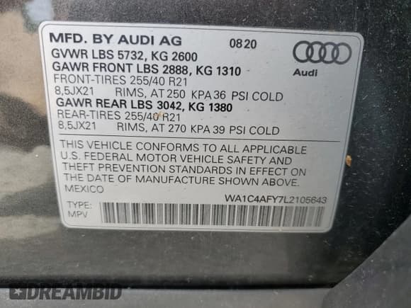 ✅ 2020 Audi SQ5 Prestige • VIN: WA1C4AFY7L2105643 • Лот: 58829575. Опубликован ранее на Copart с пробегом 48 790 миль. Бесплатный доступ к архиву аукционных продаж из США и подробный отчёт об истории автомобиля на DreamBid. Изображение 13.