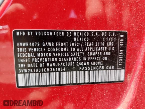 ✅ 2012 Volkswagen Jetta S • VIN: 3VW2K7AJ1CM351064 • Lot: 61346345. Listed on Copart with 145,027 mi. Free auction sales archive from the USA and detailed vehicle history report at DreamBid. Image 12.