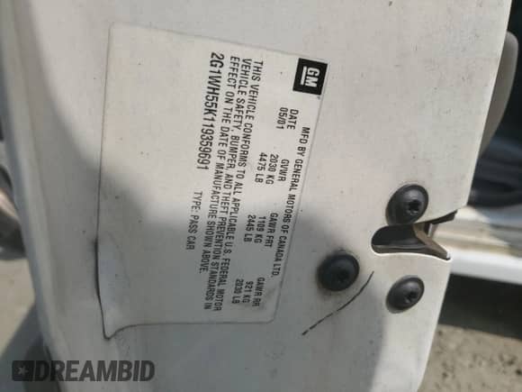 2001 Chevrolet Impala LS with VIN 2G1WH55K119359691, listed as a Copart auction lot 69415354 with Not provided miles and Salvage title. Bid and sale history available at DreamBid. Image 12.