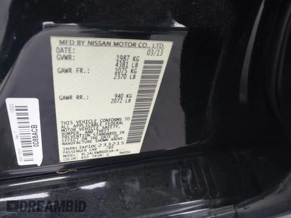 ✅ 2013 Nissan Altima SV • VIN: 1N4BL3AP1DC233215 • Lot: 41770839. Listed on IAAI with Not provided. Free auction sales archive from the USA and detailed vehicle history report at DreamBid. Image 9.